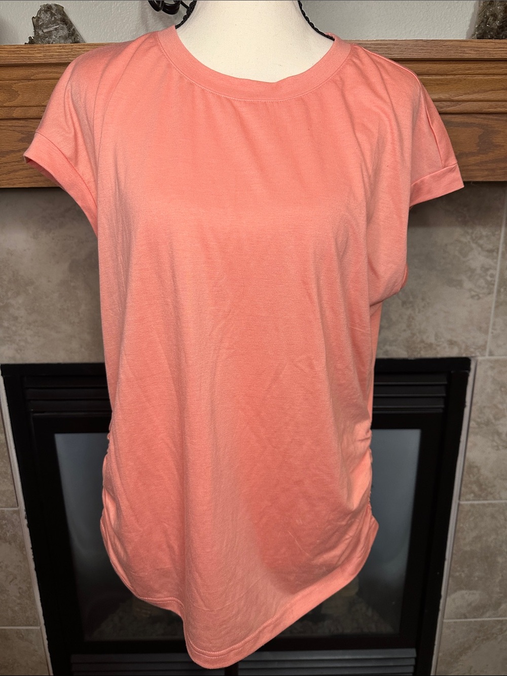 Sampeel L Coral Pink Shirt Ruched Side Short Sleeve Top NWT